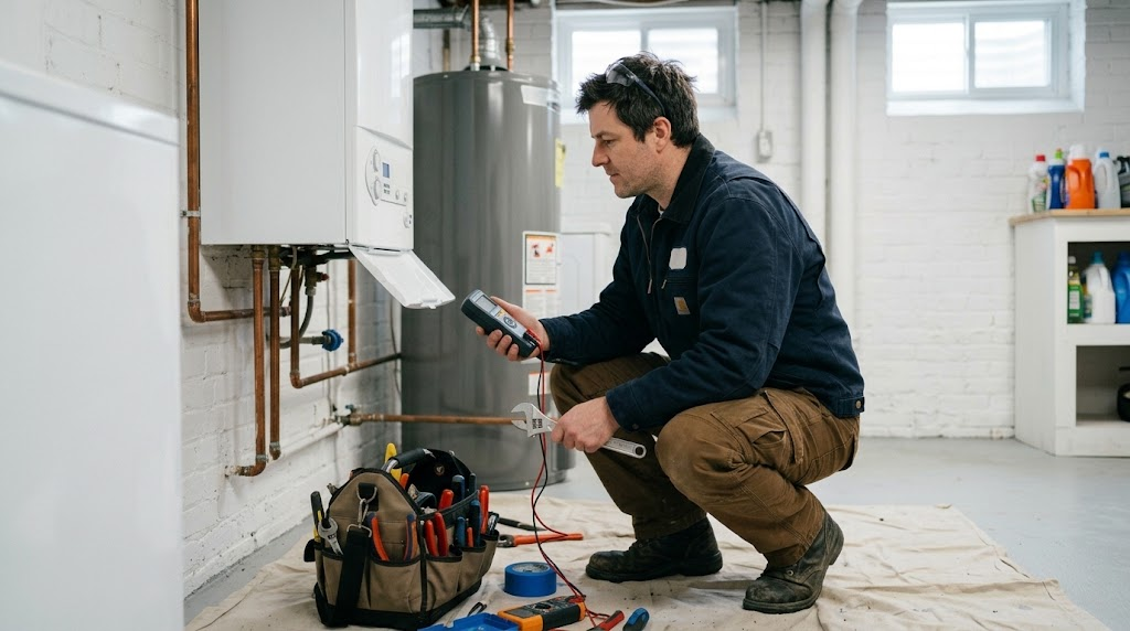Licensed boiler technician inspecting burner controls, gas train, and pressure relief valve assembly