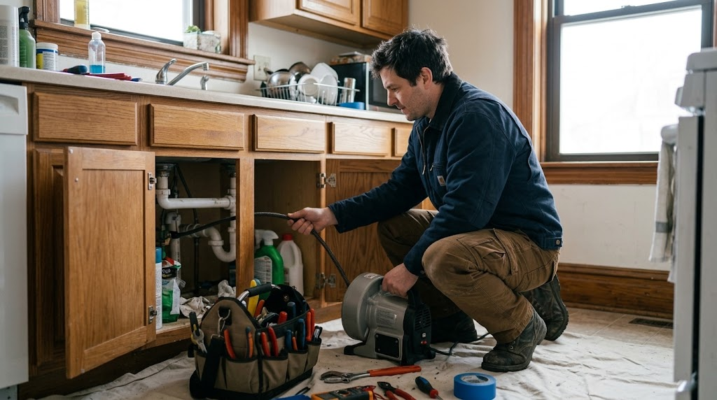 Licensed plumbing technician operating heavy-duty motorized drain cleaning machine on a residential branch line