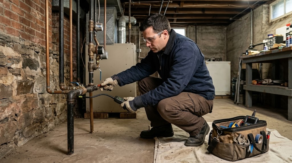 Licensed plumbing technician performing calibrated gas line pressure testing and electronic combustible gas detection
