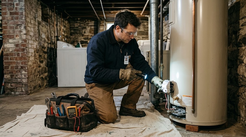 Licensed plumbing technician troubleshooting a residential gas water heater burner and relief valve assembly